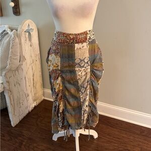 gimmicks by BKE Patchwork Midi Skirt in Blue, Brown, Cream